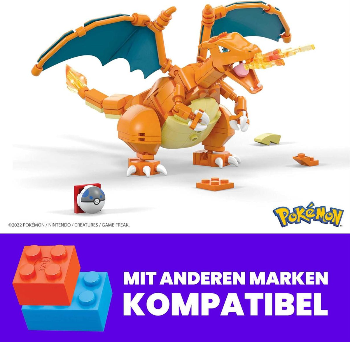 Mega Pokémon Glurak, Figur zum Zusammenbauen, 223 Bausteinen, mit beweglichen Flügeln und Pokéball-Stift, Pokémon Spielzeug, ab 6 Jahre, GWY77