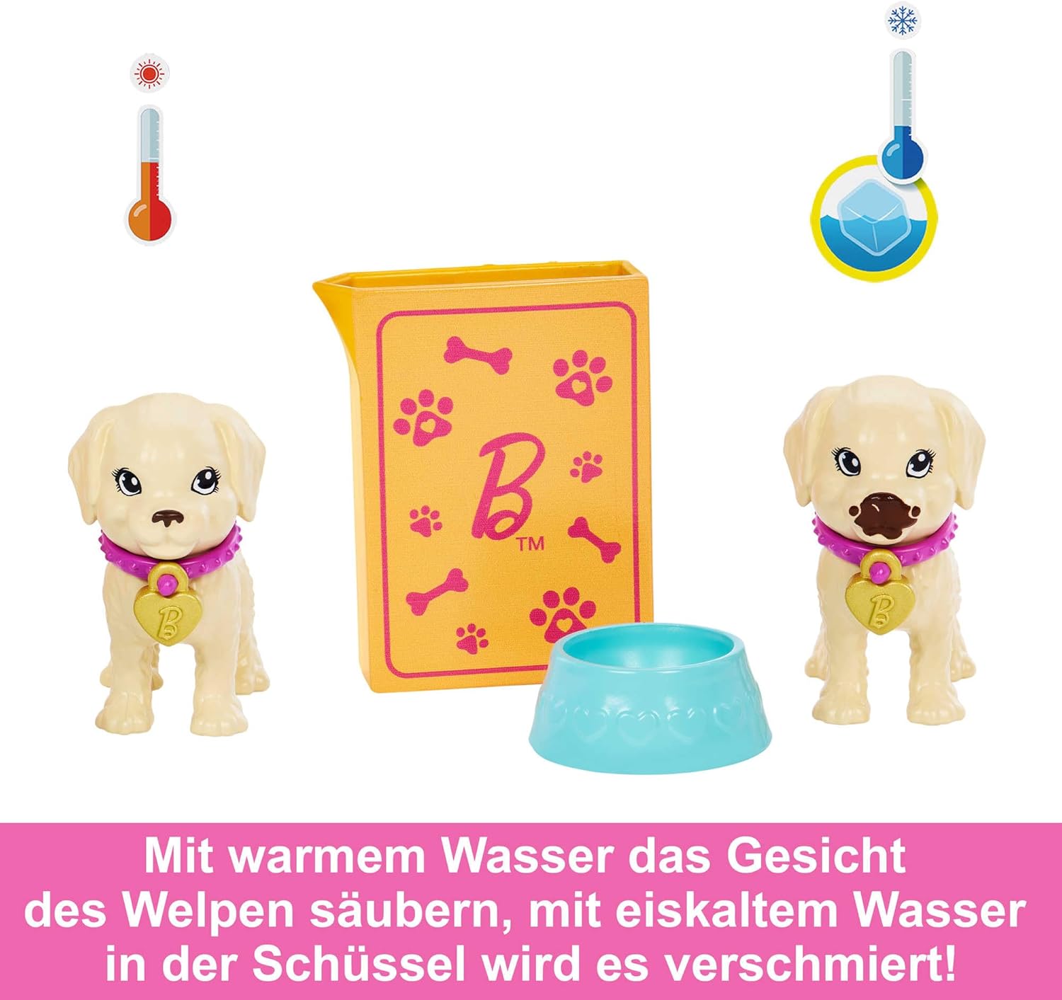 Barbie Welpenadoption Puppe und 2 Welpen mit Adoptionszertifikate Farbwechseleffekt Transportbox + Zubehör für Kinder ab 3 Jahren, HKD86