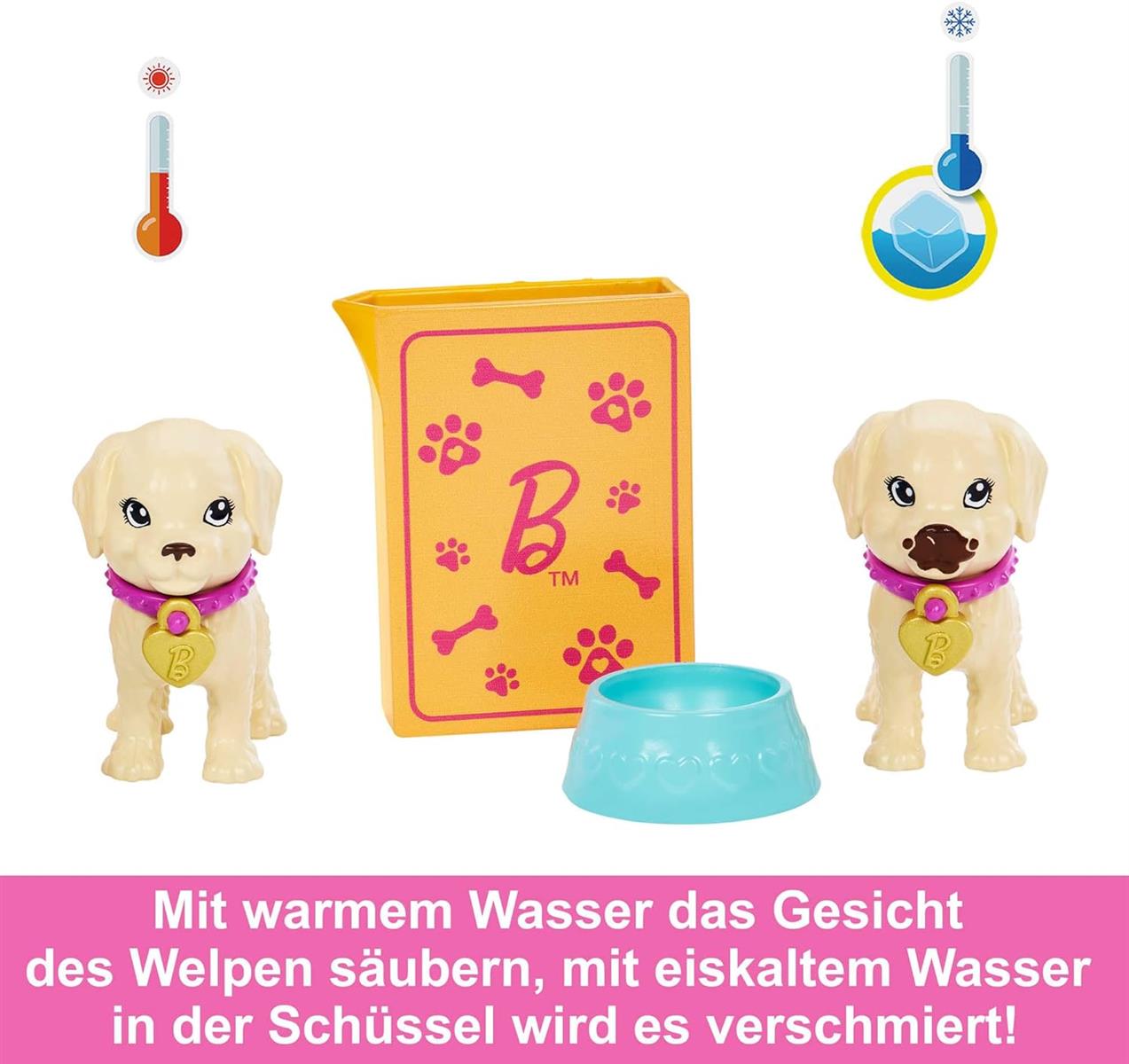 Barbie Welpenadoption Puppe und 2 Welpen mit Adoptionszertifikate Farbwechseleffekt Transportbox + Zubehör für Kinder ab 3 Jahren, HKD86