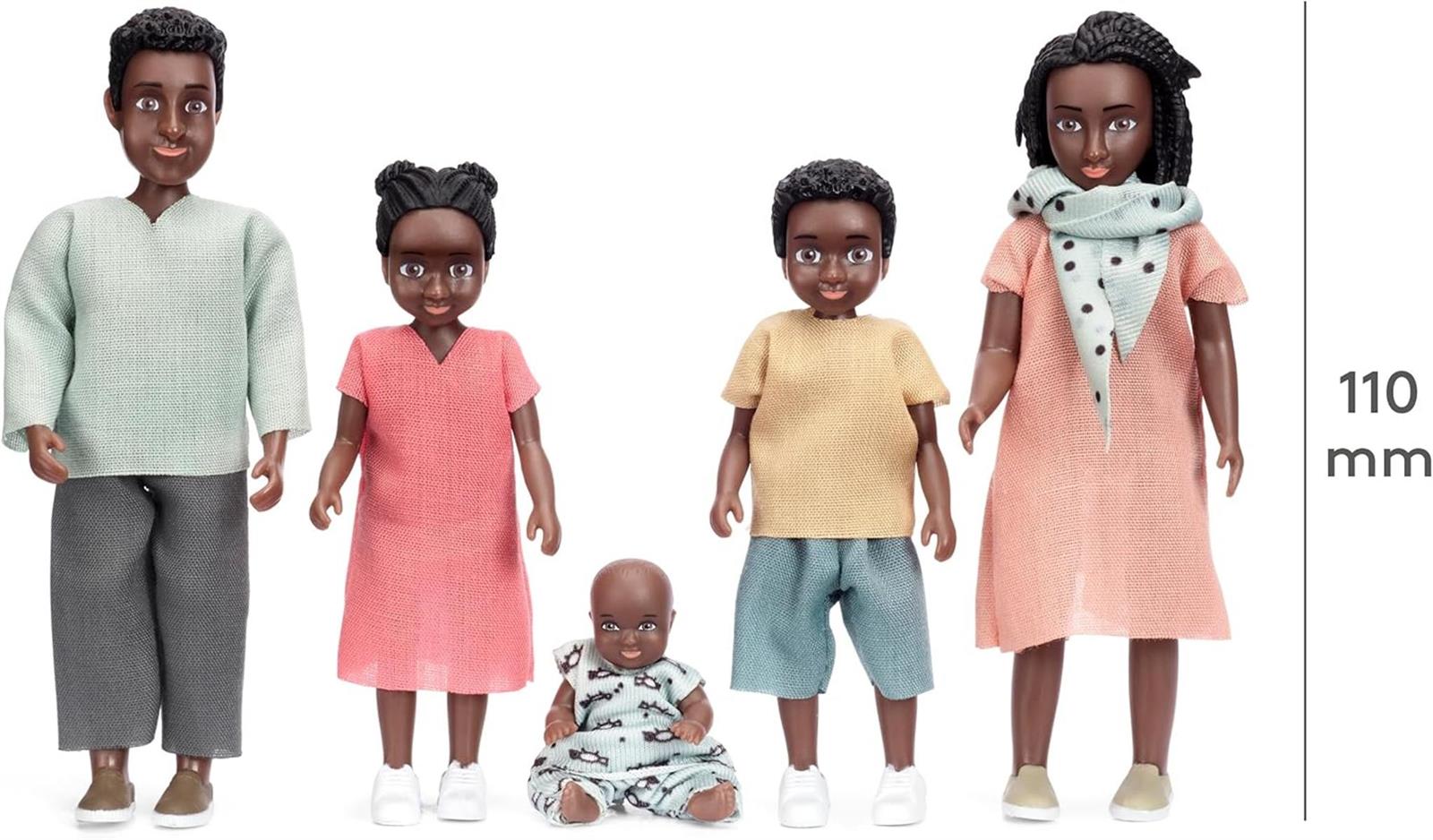 Lundby Puppen für Puppenhaus-Familie – dunkelhäutige Puppenfamilie Billie – Biegepuppen – Zubehör & Figuren – Maßstab 1:18