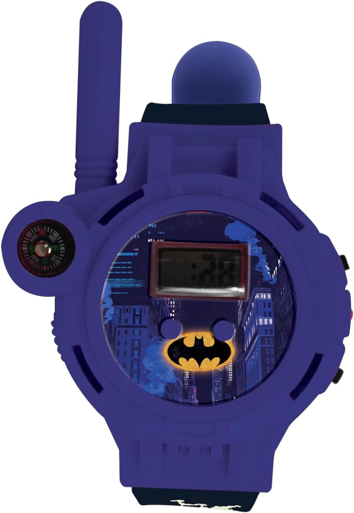 Lexibook, Batman, Walkie-Talkie-Uhren, 2 Stück, Reichweite bis zu 200m, Taschenlampe, Kompass, Wiederaufladbar, Schwarz/Grün und Blau/Rot, DMWTW1BAT