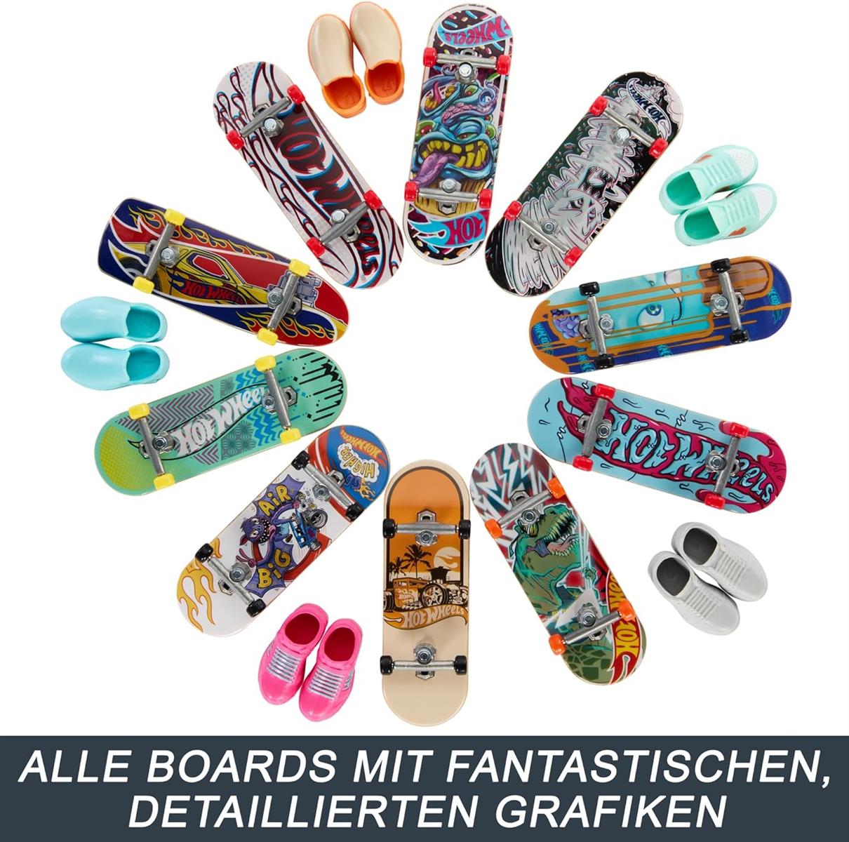 Hot Wheels Skate-Fingerboards 10er-Pack, Set aus 10 Finger-Skateboards mit 5 Paar abnehmbaren Skateboard-Schuhen im Hot Wheels Design, HTP59