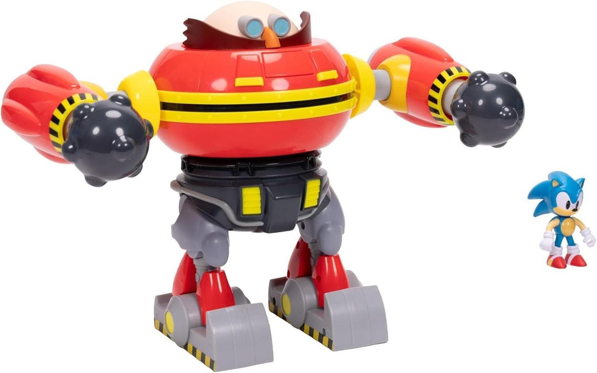 Sonic The Hedgehog – Riesiger Eggman-Roboter-Kampfset, offiziell lizenziert von Jakks Pacific, 23 cm großes Spielset, Kanonen schießender Eggman-Roboter mit Sonic-Figur enthalten