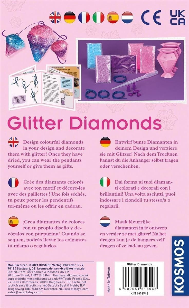 KOSMOS 616946 Glitzer-Diamanten, Funkelnde Schmuck-Anhänger gestalten, mit Gießformen, Schmuckbändern, Glitzer, Granulat in 3 Farben, Experimentierset für Kinder von 8-12 Jahren, Multisprache
