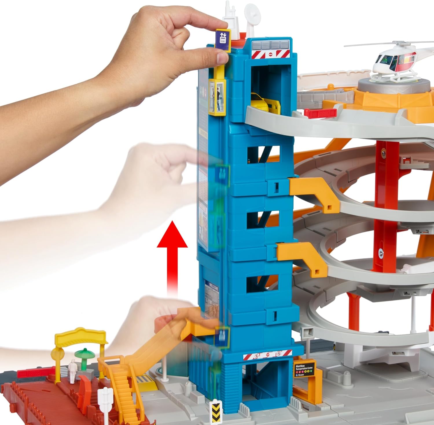 Matchbox Spielzeugautos und Spielset, Transport-Center mit 5 Etagen, von Kindern und Autos aktivierbare Funktionen, enthält Taxi, Boot und Hubschrauber im Maßstab 1:64 sowie Essensverkäufer-Accessoire