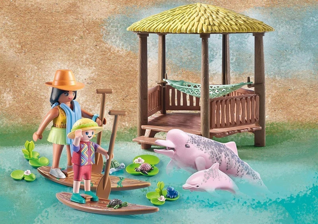 PLAYMOBIL Wiltopia 71143 Paddeltour mit den Flussdelfinen, Inkl. Strandhütte mit Hängematte, Wildlife Expedition für die kleinen Hobbyforscher, Nachhaltiges Spielzeug für Kinder ab 4 Jahren