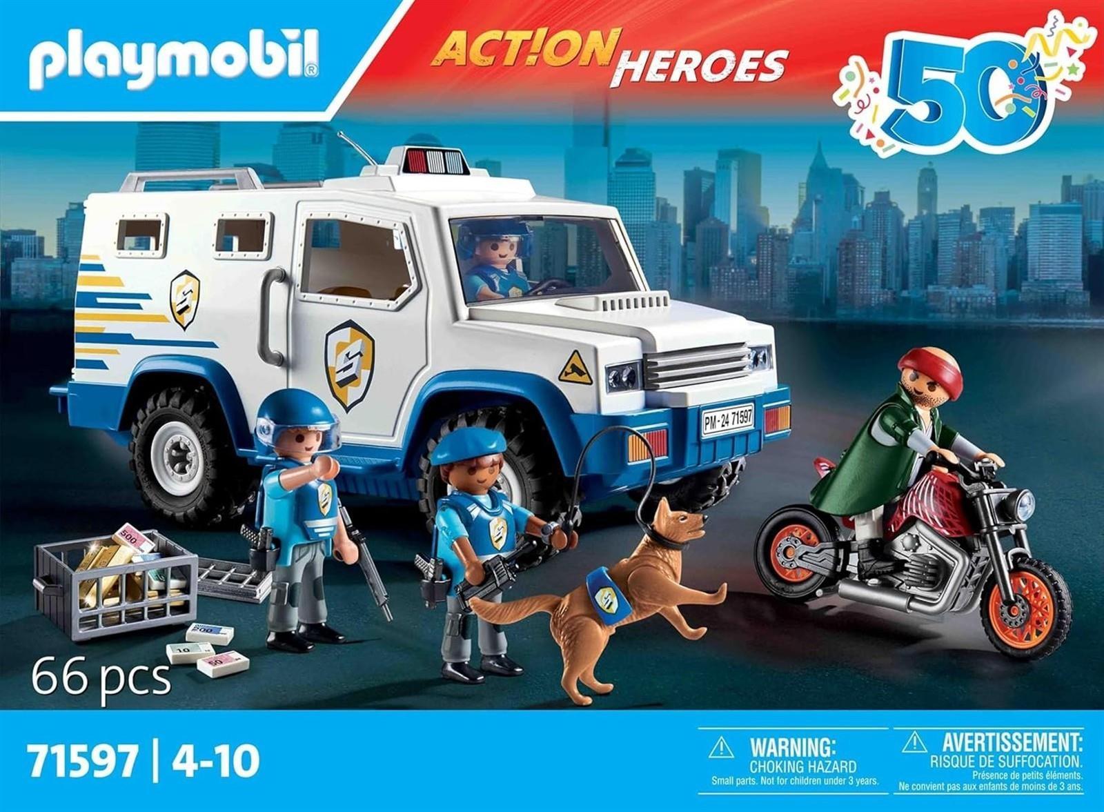 PLAYMOBIL Action Heroes 71597 Geldtransporter, spannende Ganovenjagd, inklusive DREI Polizisten, einem Ganoven auf einem Motorrad und einem Polizeihund, actionreiches Spielzeug für Kinder ab 4 Jahren