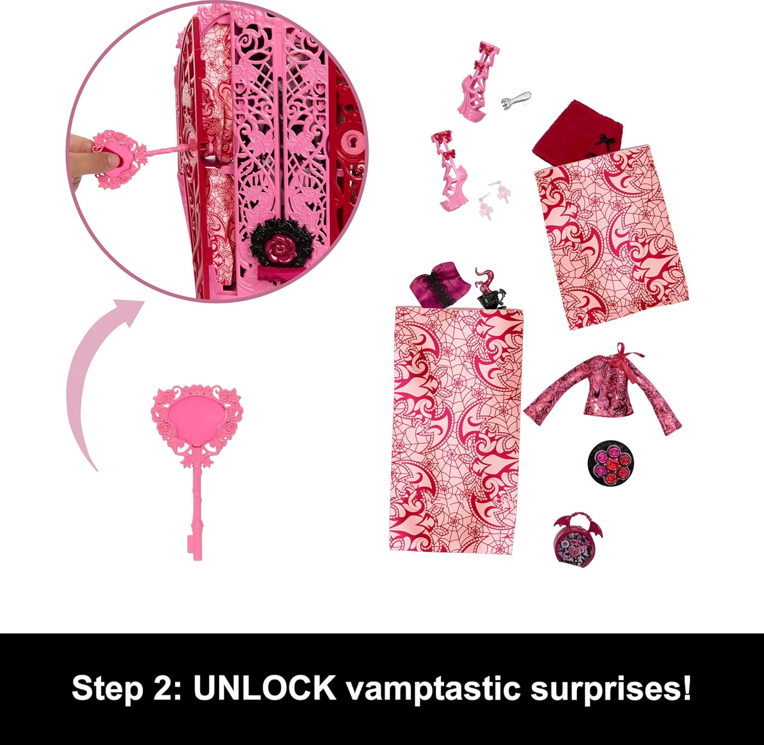 Monster High Skulltimate Secrets Set aus Puppe und Zubehör, Garden Mysteries Draculaura mit zauberhaftem Kleiderschrank und über 19 Teeparty-Überraschungen wie Puppenkleidung, HYT72