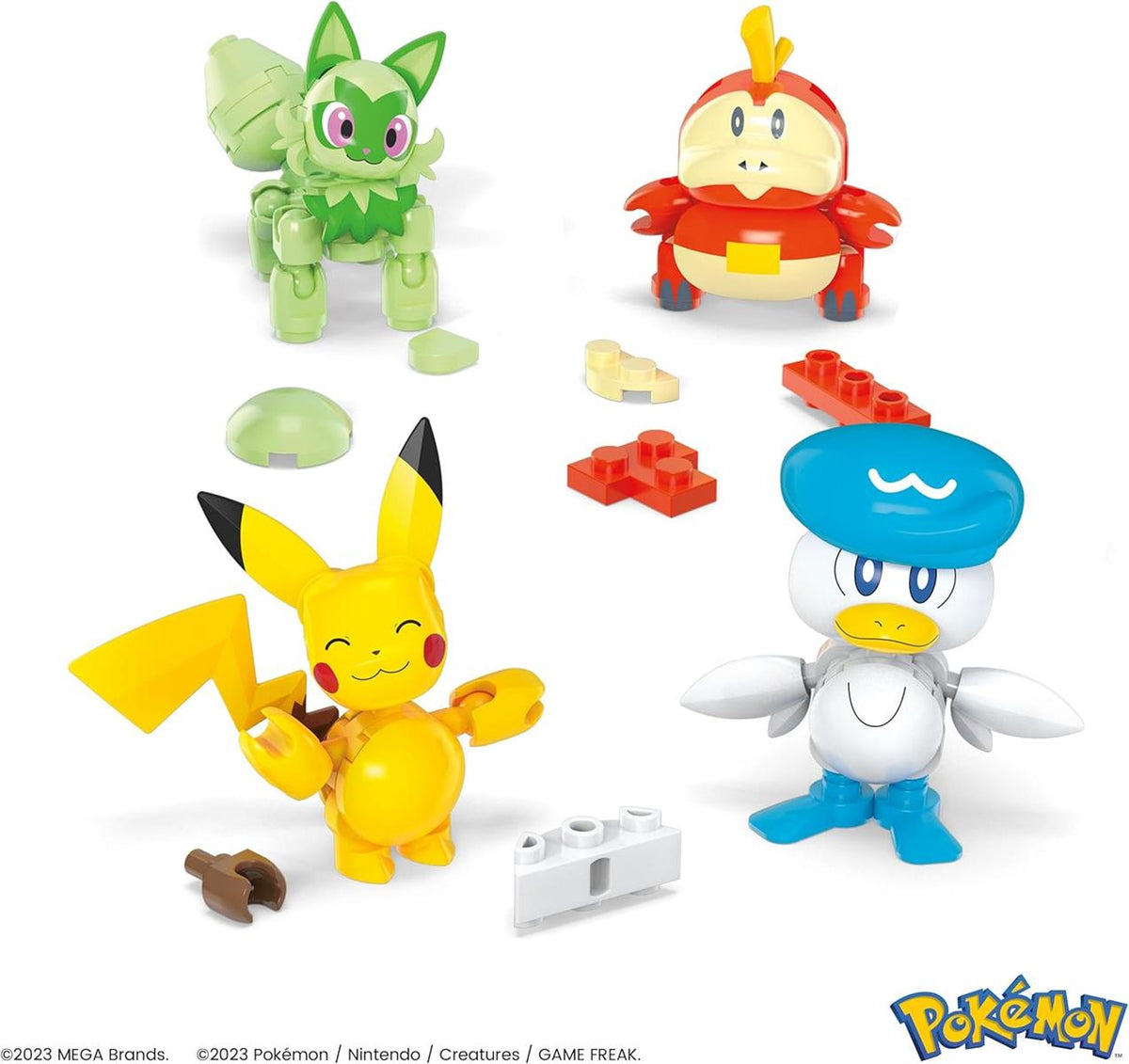 MEGA POKÉMON Paldea-Region - Pikachu und die ersten Partner-Pokémon Felori, Krokel und Kwaks, Zusammenbaubares und bewegliches Set mit 4 Figuren und 1 Pokéball zum Ausstellen, HPX92