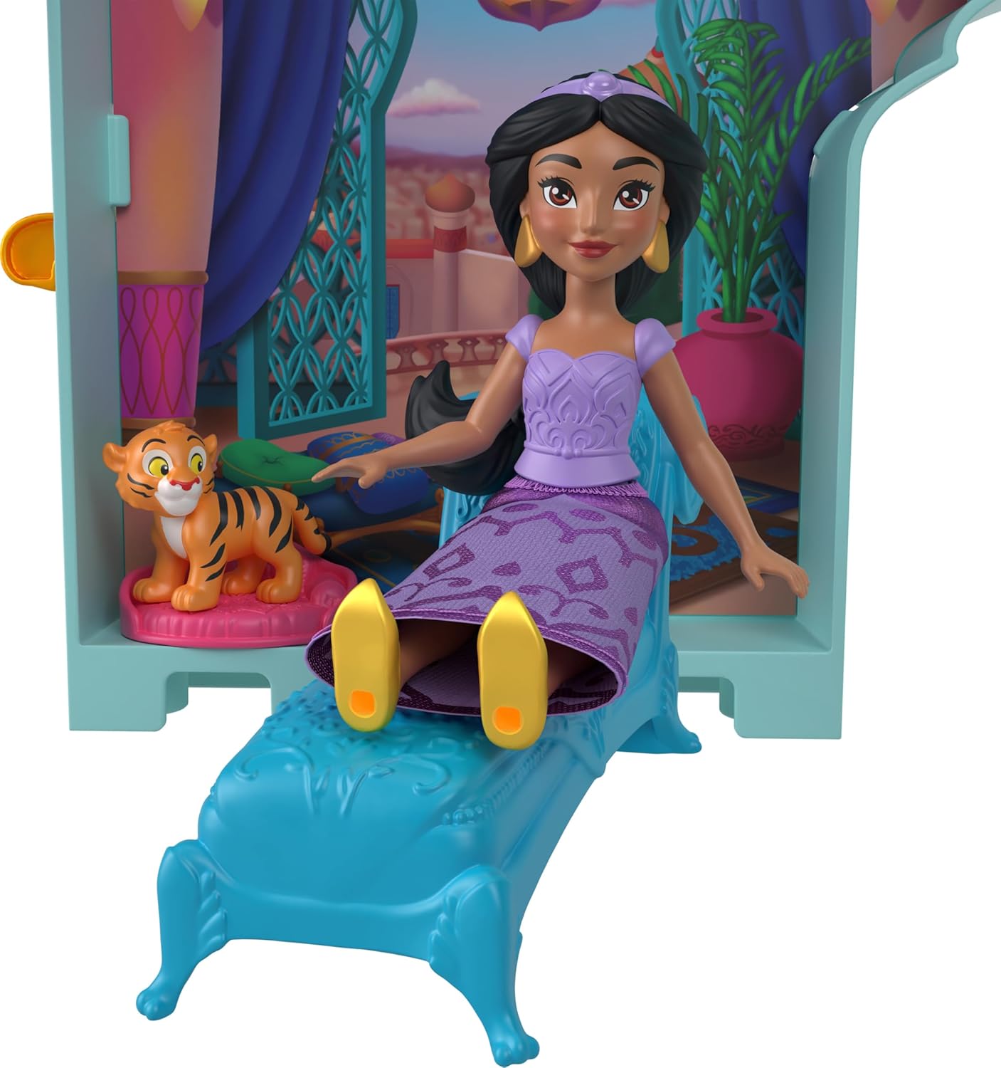 Mattel Disney Prinzessin Jasmins Stapelschloss Puppenhaus-Spielset mit kleiner Puppe, 2 Freunden und 8 Teilen, inspiriert vom Disney-Film Aladdin“, JDP56