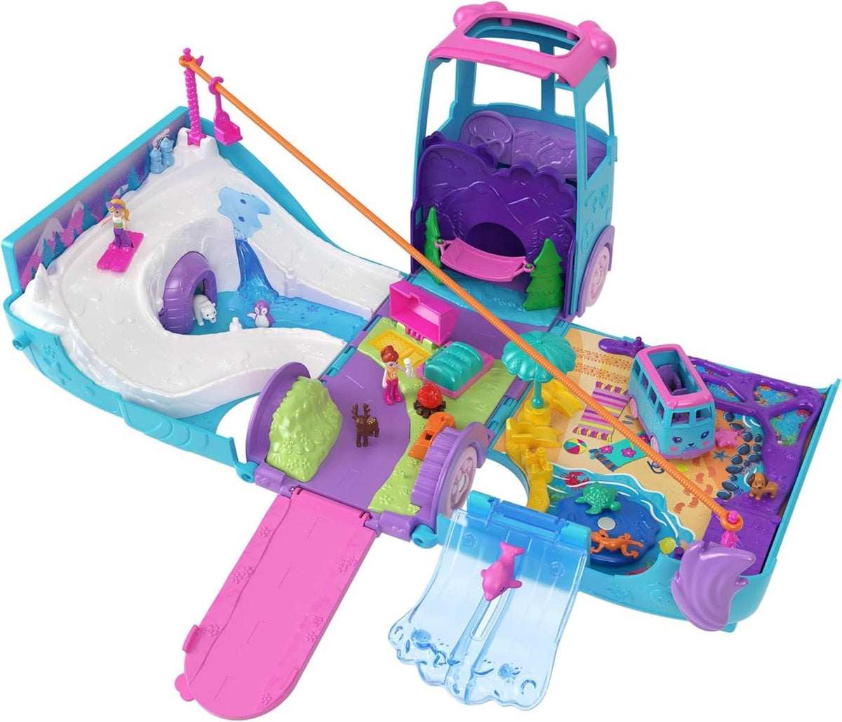 Polly Pocket-Mikropuppen und umwandelbarer Camper, mit Accessoires wie Haustieren und Spielzeugauto, mobiles Haustier-Abenteuer-Spielset, JCC22
