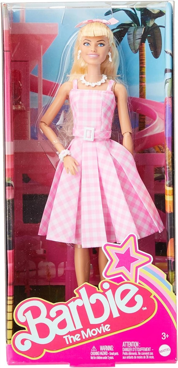 Barbie Puppe, The Movie doll, in rosa weissem Kleid und Gänseblümchen Halskette, Margot Robbie, Sammlerstück, Spielzeug ab 3 Jahre, HPJ96