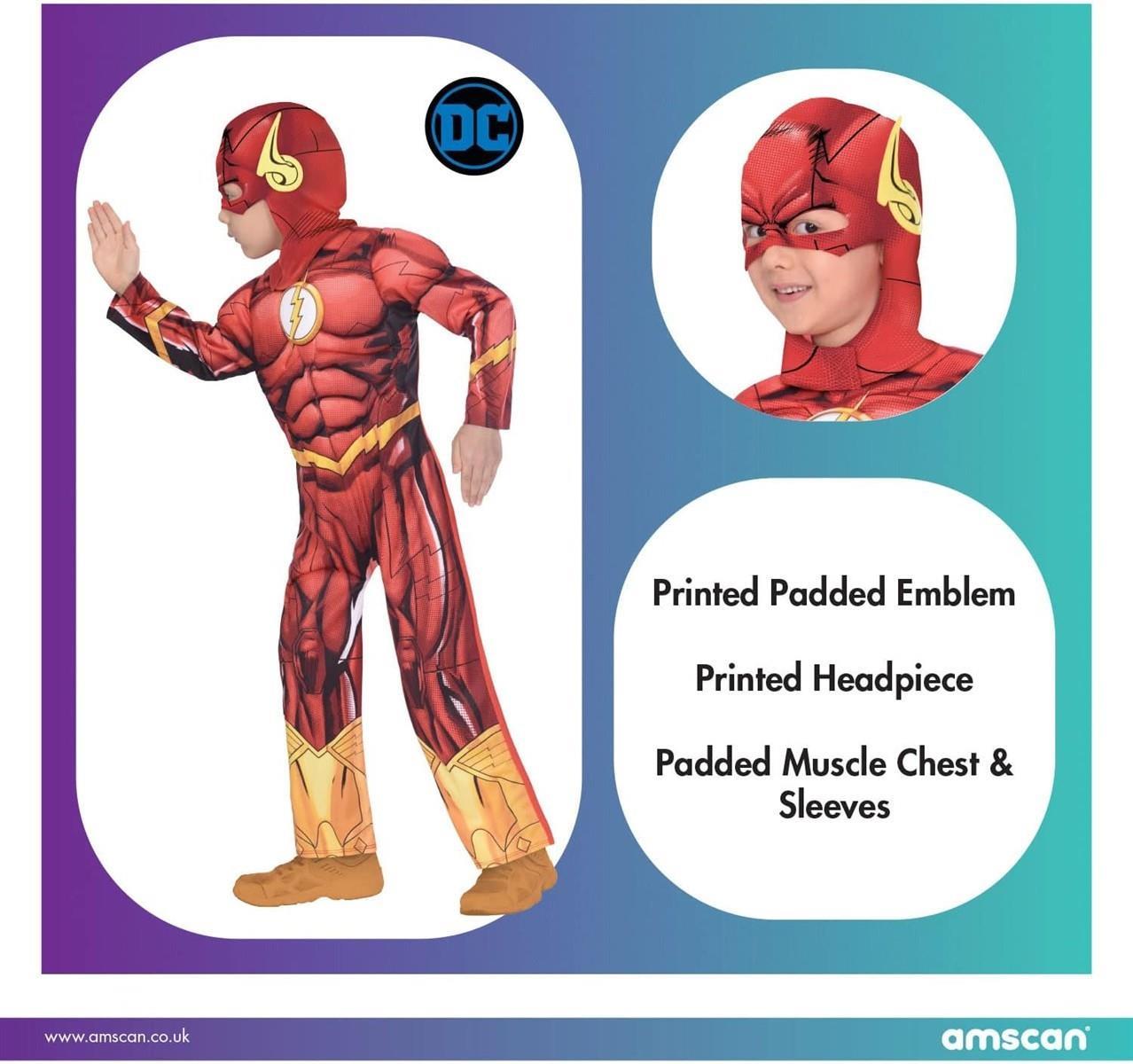 Amscan - Kinderkostüm The Flash, bedruckter Overall mit Kopfbedeckung, DC Super Heroes, Motto-Party, Karneval Größe 104