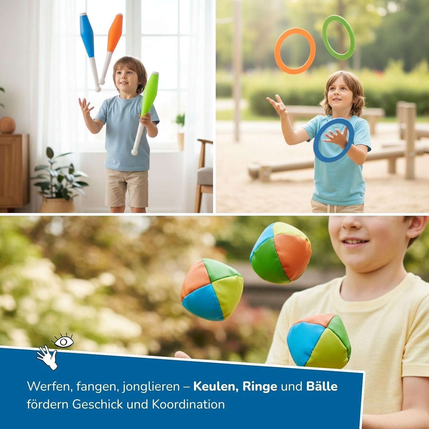 alldoro 60130 Jonglier-Set 16-tlg., inkl. Jonglierbälle, Tücher, Ringe, Keulen, Diabolo & Teller im Netzrucksack, für Kinder ab 3 Jahren & Einsteiger