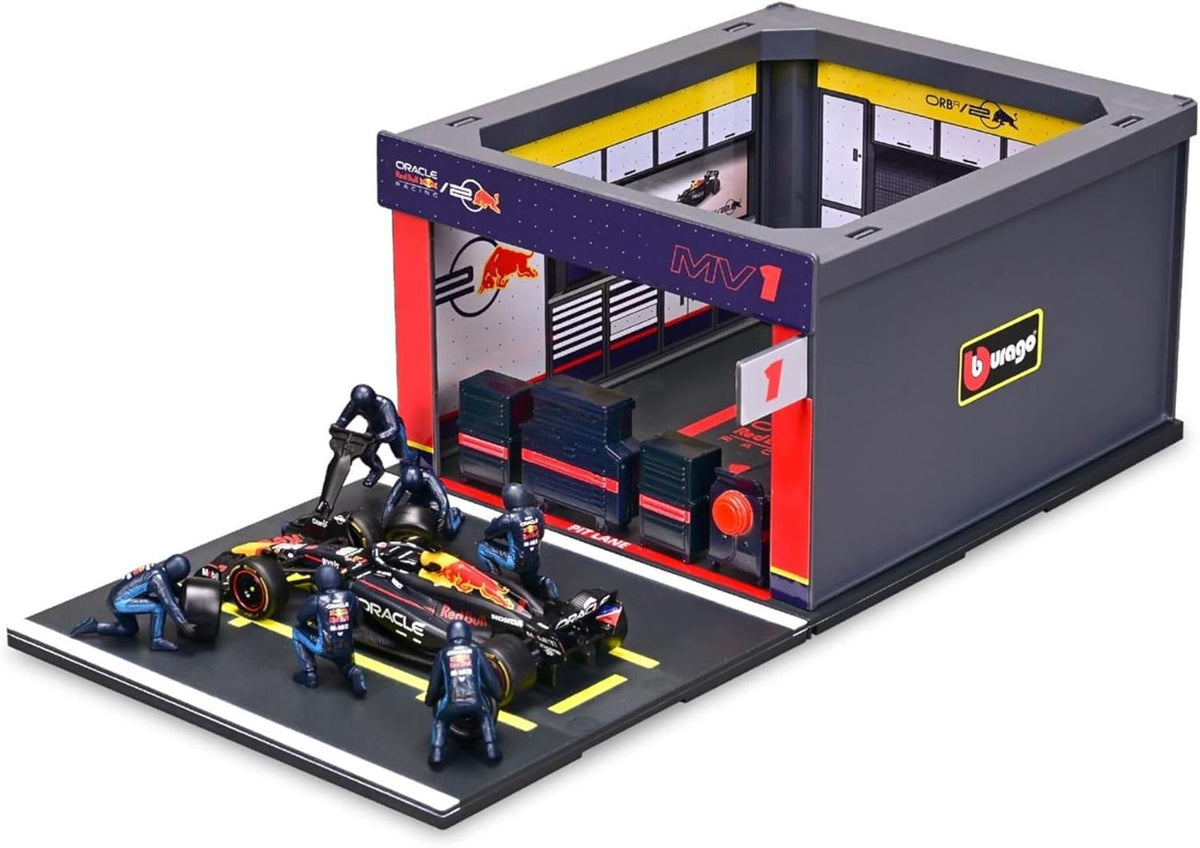 Bburago - Pit Stop Red Bull RB20 2024#1 Verstappen, Spielset mit Diorama, 1:43 und 6 Mechanikern, Detailgetreu, Red Bull-Lizenz, Alter 3+