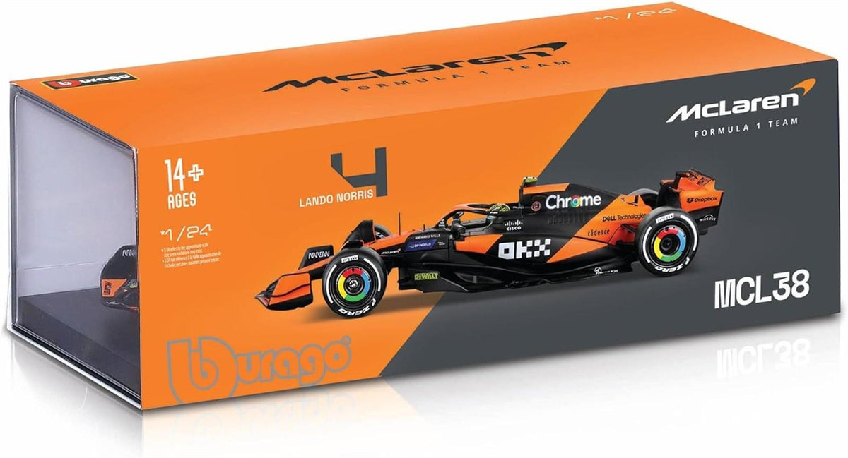 Bburago Formel 1 McLaren MCL38 (2024): Modellauto im Maßstab 1:24, mit Fahrer #4 Lando Norris, Hardcase, 26,1 cm, orange schwarz (18-28033N)