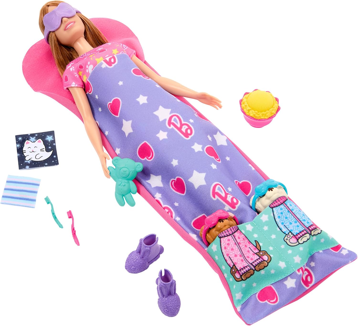 Barbie-Puppe und Spielset mit 2 Spielzeughunden und mehr als 10 Zubehörteilen, Welpen-Pyjama-Party mit Farbwechseleffekt, Schlafsack, Schlafmaske und mehr, HXN01