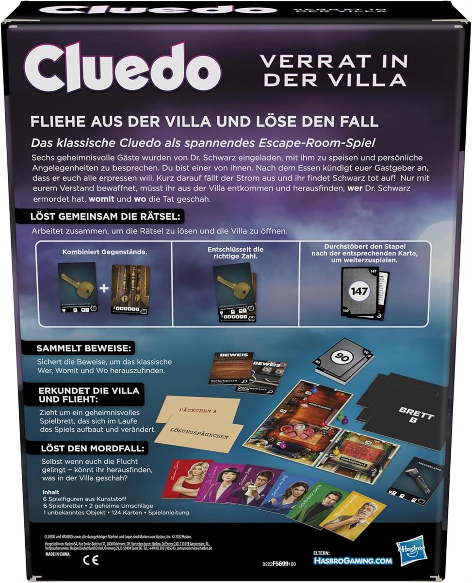 Hasbro Gaming Cluedo Escape Verrat in der Villa, spannendes Krimi- und Rätselspiel für die ganze Familie (ab 10 Jahren), Escape-Room-Spiel, für bis zu 6 Spieler