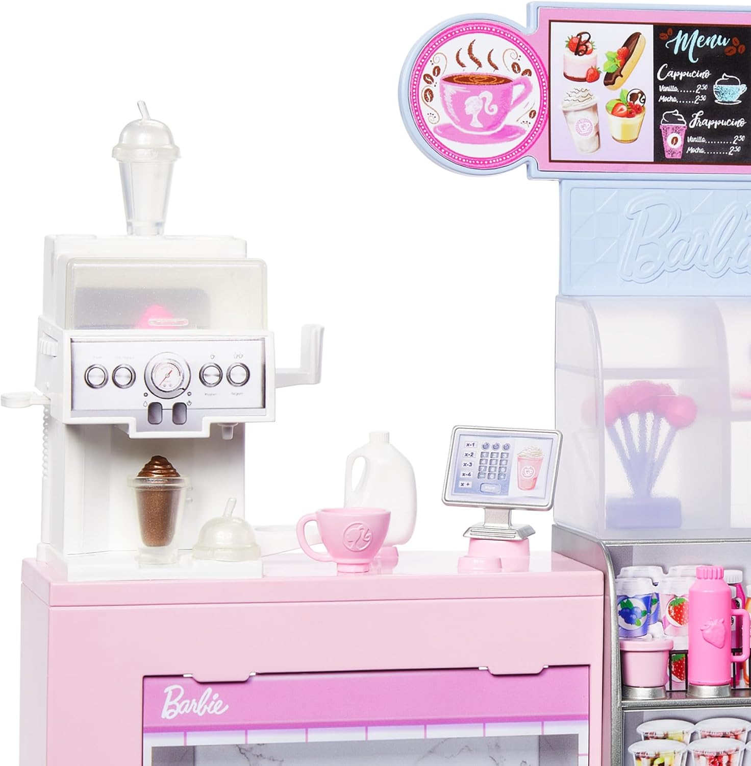 Barbie Naschcafé Spielset mit Blonder Barista-Puppe und über 12 Zubehörteilen, darunter Kaffeemaschine/Smoothie-Maker, Lebensmittel und Tassen, HXN94