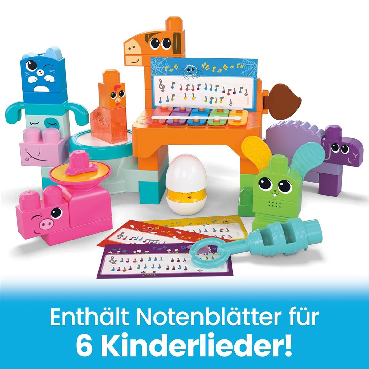 MEGA Blocks Fisher-Price sensorisches Bauspielzeugset, Musikspaß Bauernhoftiere mit 45 Bauklötzen für Kleinkinder und 6 Notenblättern, Geschenkideen für Kinder ab 1 Jahr, HPB46