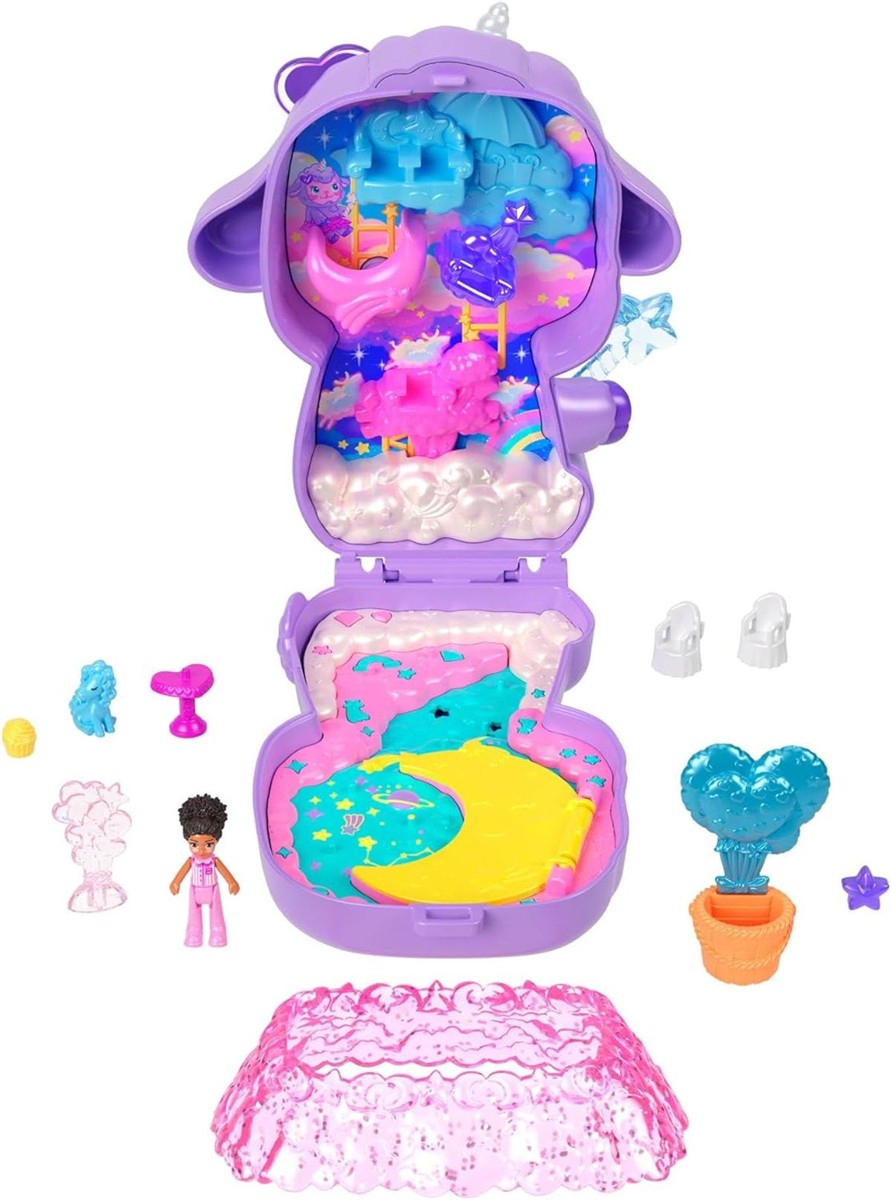 Polly Pocket Puppen und Spielset, Traumland-Schatulle in Lammform, Reisespielzeug mit 1 Minipuppe, Haustier-Einhorn, Futter- und Stylingzubehör, JCB15