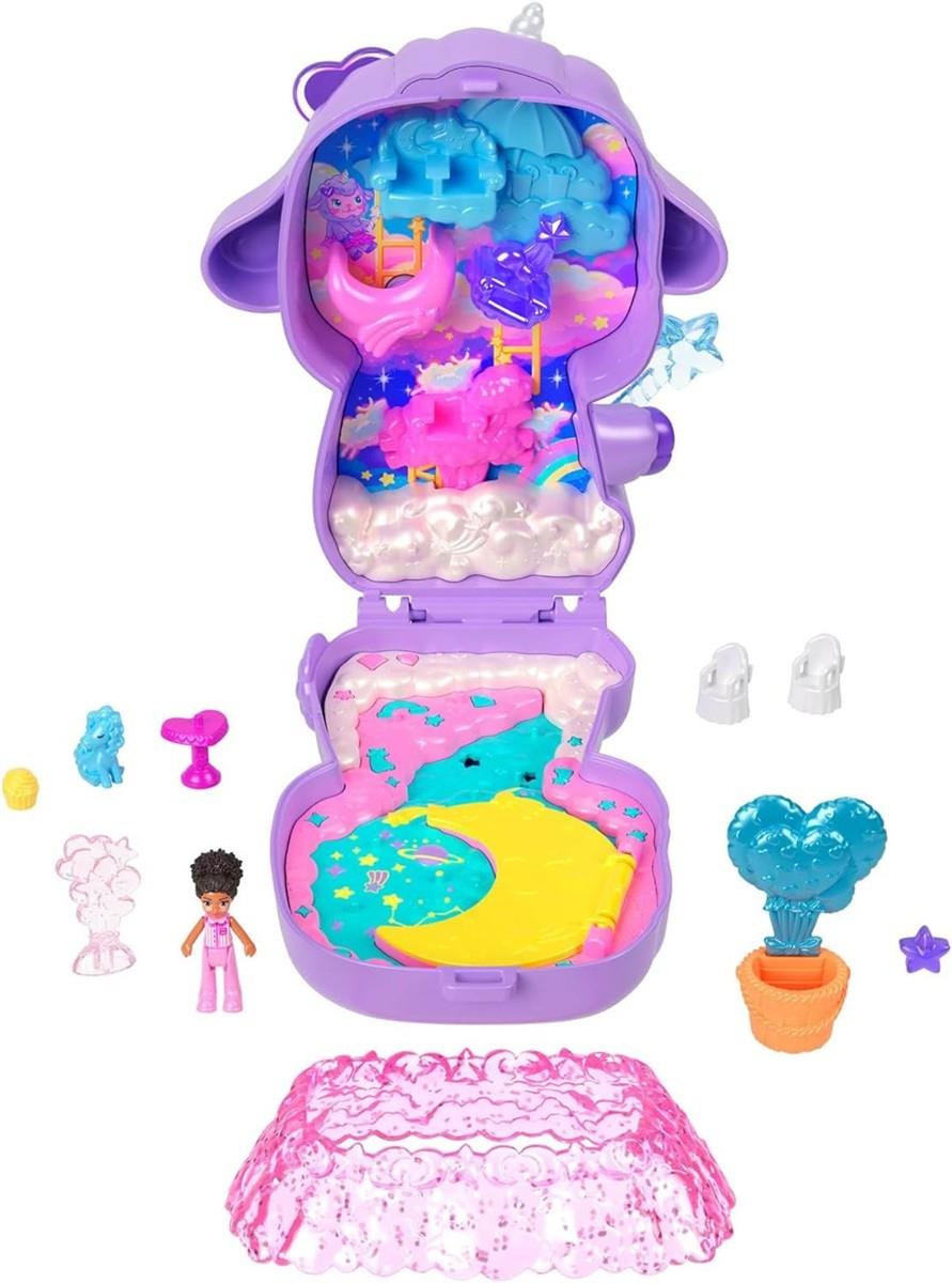 Polly Pocket Puppen und Spielset, Traumland-Schatulle in Lammform, Reisespielzeug mit 1 Minipuppe, Haustier-Einhorn, Futter- und Stylingzubehör, JCB15