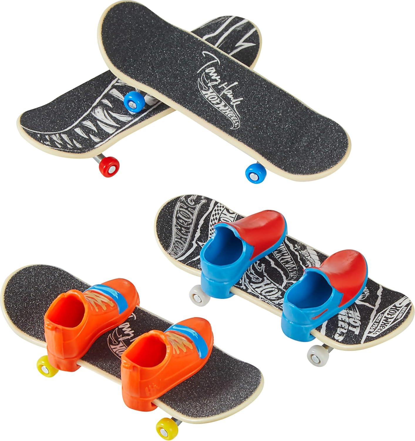 Hot Wheels Skate Tony Hawk Griffbrett & abnehmbare Skateschuhe Multipack, 4 komplett montierte Boards, 2 Paar Skateschuhe, 1 Exklusives Set