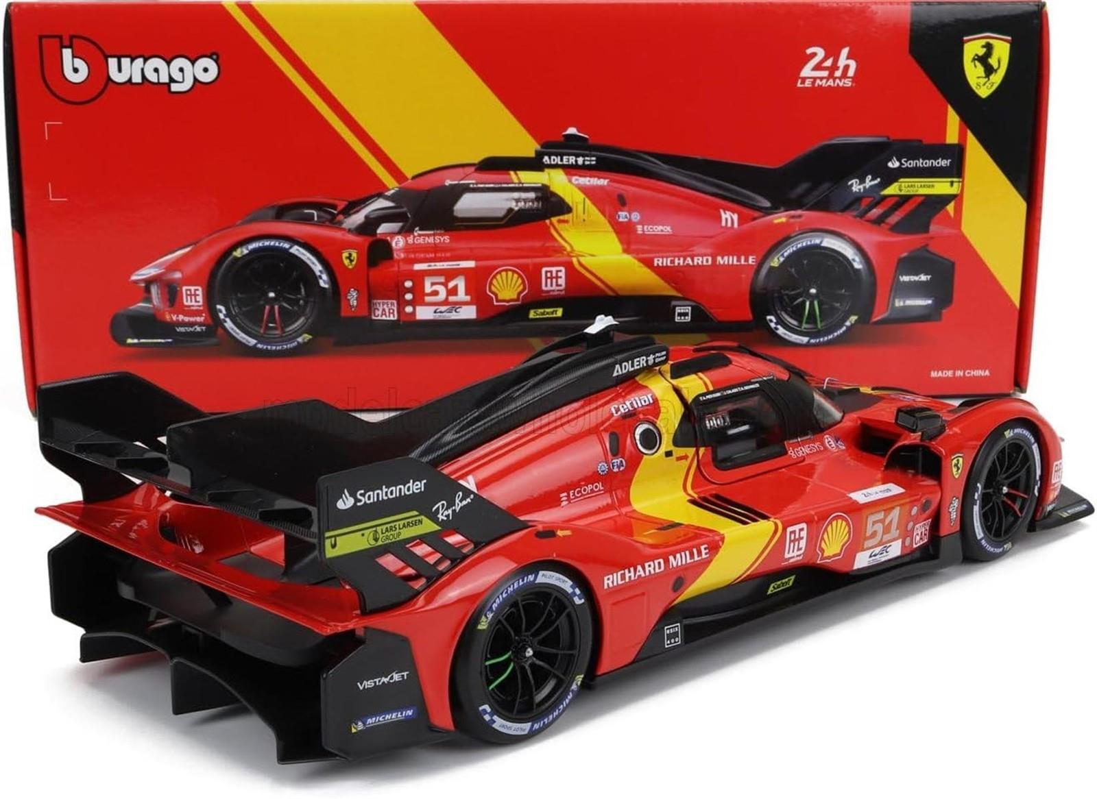 Bburago - 1/18 Ferrari Racing - 499P LMH 2023#51 - Rot - Neuheit 2024: Metallnachbildung - detaillierter Innenraum - Türen und Haube zum Öffnen im Maßstab 1:18. - Gewinner der 24h von Le Mans 2023