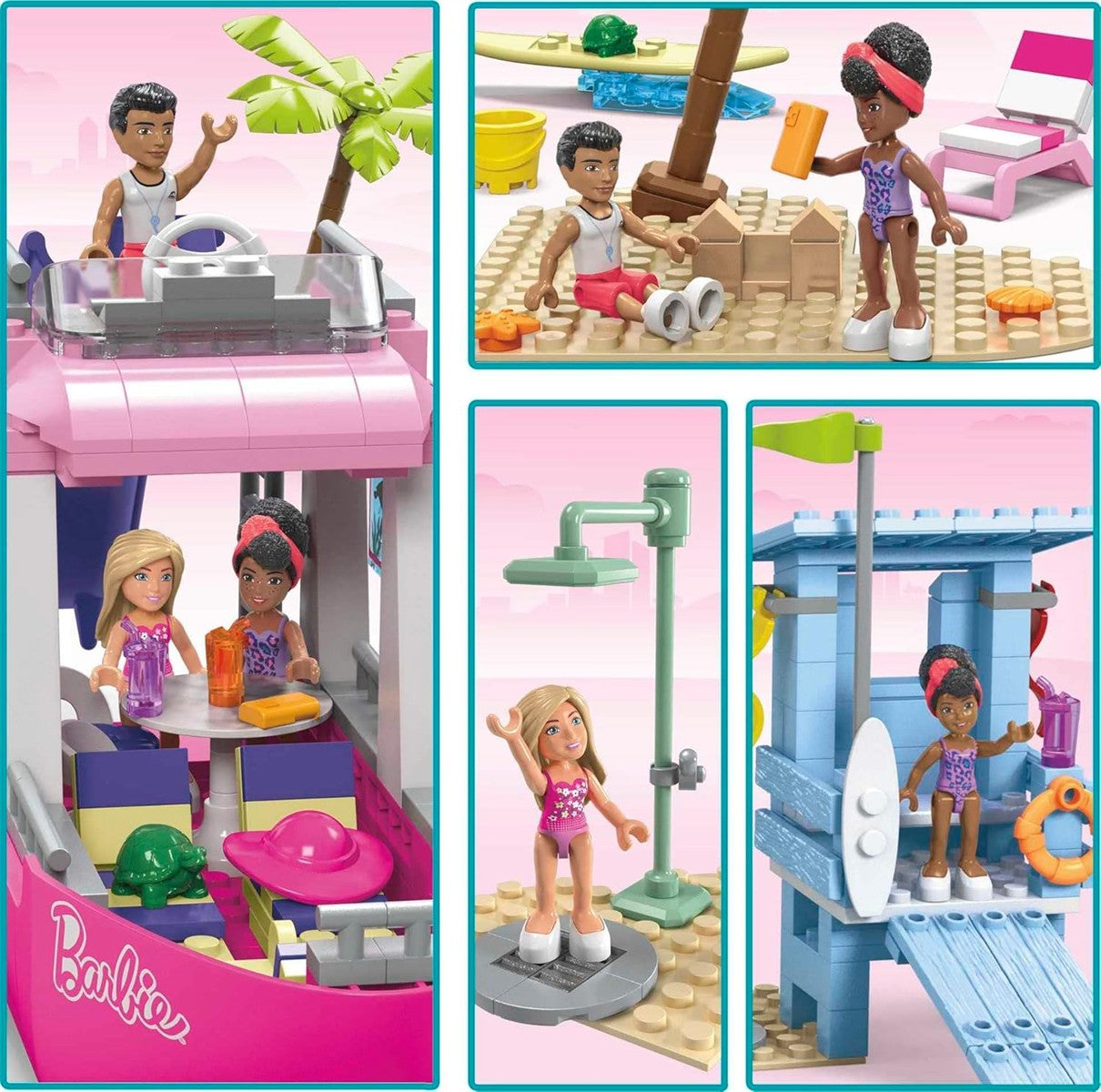 Barbie Malibu Traumboot - Bauset mit 317 Teilen, inkl. 3 Barbie-Puppen, 2 Haustiere, Mode- & Strandzubehör, kreatives Spielzeug für Kinder ab 6 Jahren, HPN79