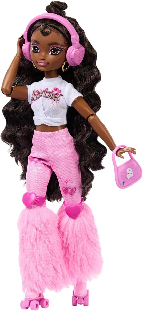 Barbie Dream Besties Puppe und Accessoires, bewegliche Barbie Brooklyn Rollschuh-Modepuppe mit braunem Haar, 9 Zubehörteile zum Thema Musik und Video, JFX97