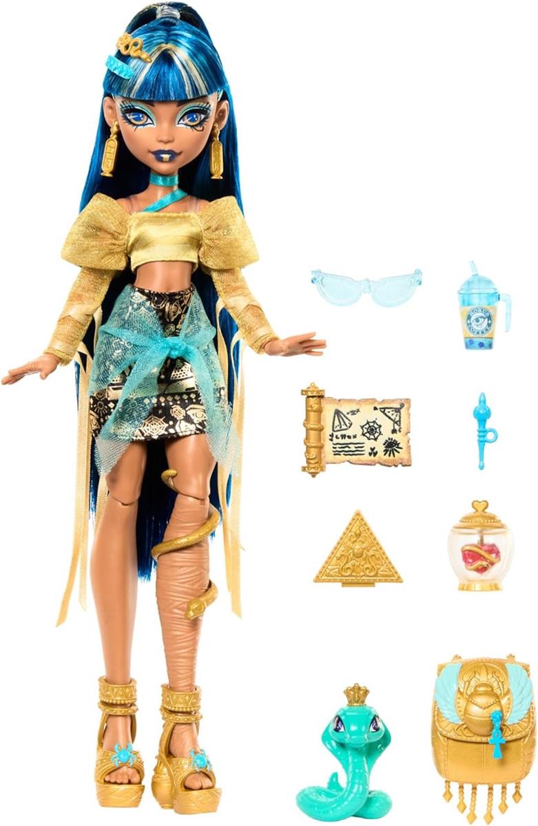 Monster High Cleo De Nile Puppe in goldener Bluse und mehrlagigem Rock  Accessoires HXH74 4+