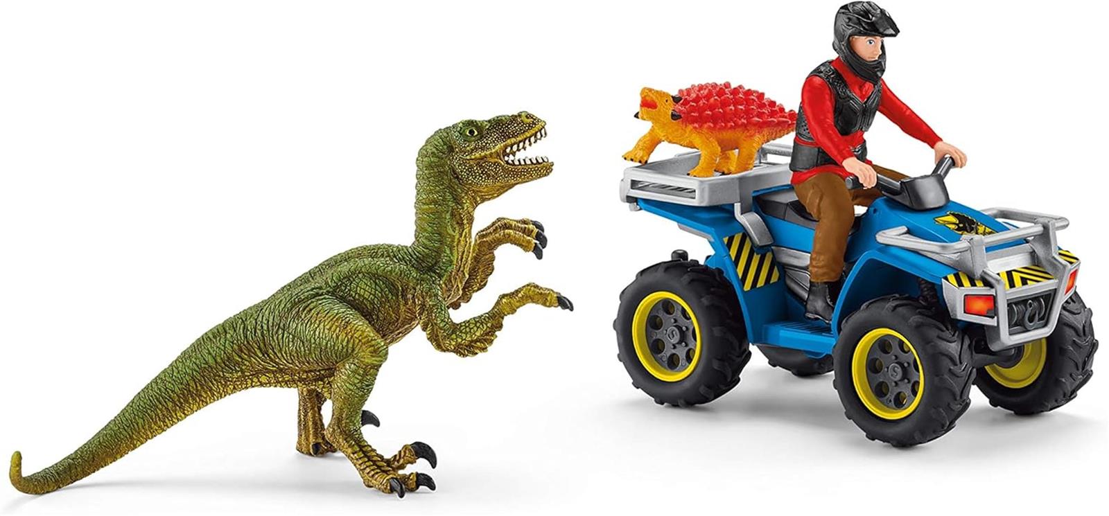 SCHLEICH 41466 Flucht auf Quad vor Velociraptor, für Kinder ab 5-12 Jahren, Dinosaurs - Spielset