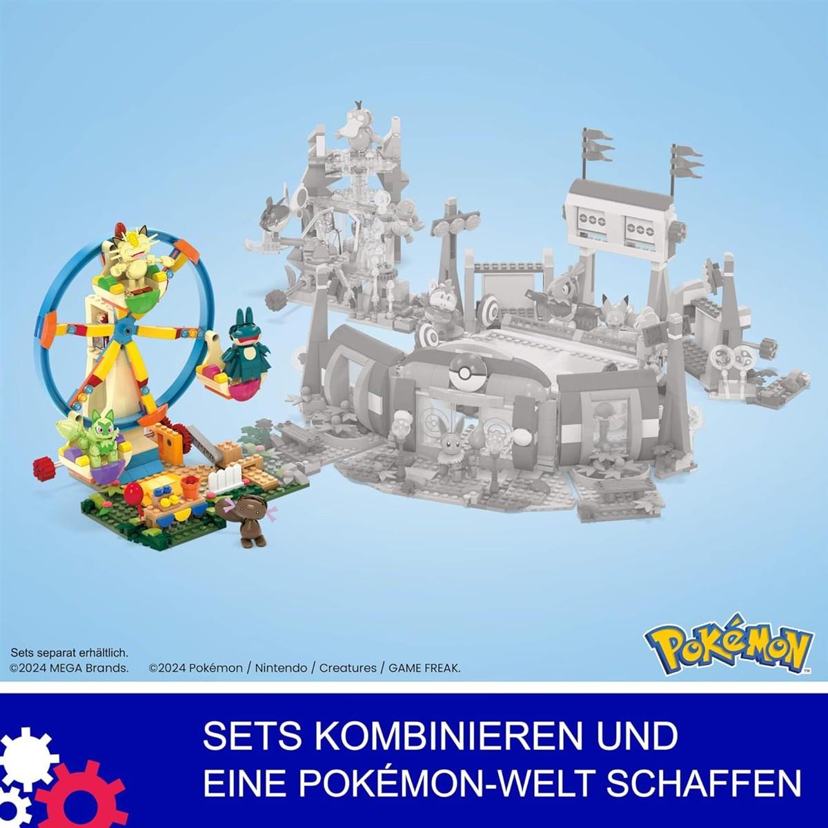 MEGA Pokémon Actionfigur Bauspielzeug, Spaß auf dem Riesenrad mit 393 Teilen und beweglichem Felori, Mampfaxo, Mauzi und Felino, für Kinder, HXF80