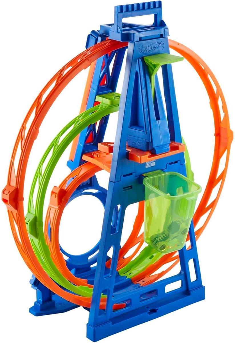 Hot Wheels Bahn Triple Looping, Autorennbahn Bauset für Hot Wheels Autos, mit 3 Looping Tracks, inkl. 1 Spielzeugauto, zusammenklappbar, Auto Spielzeug, Spielzeug ab 6 Jahre, HMX38