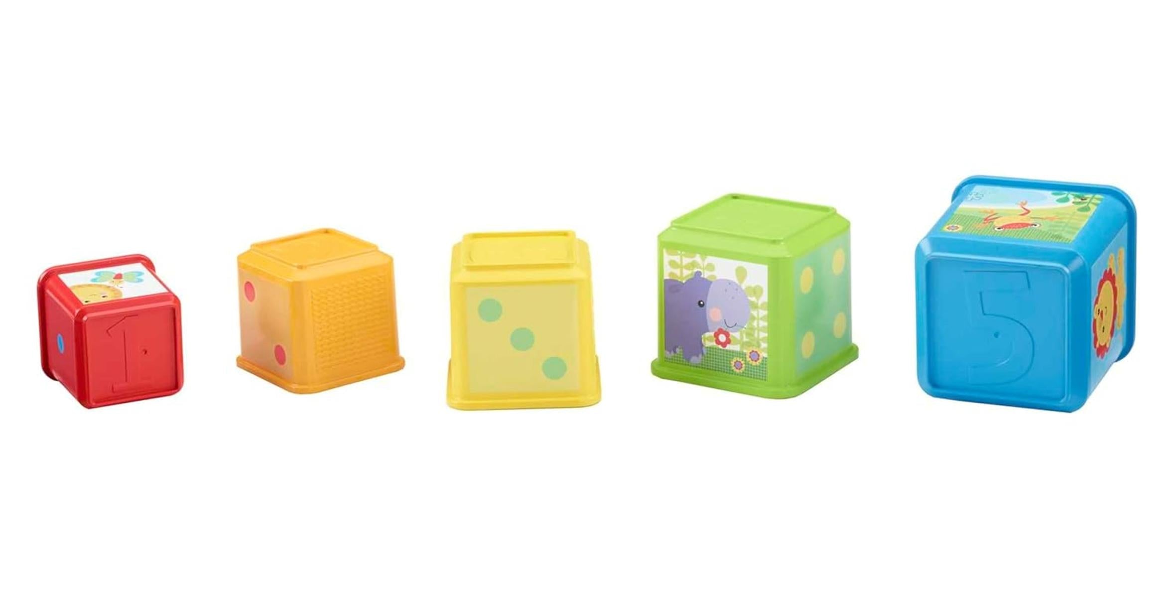 Fisher-Price Stack & Explore Blocks - 5 Würfel mit Strukturen, Figuren, Zahlen und Gegenständen zum Stapeln, Ineinanderstecken und Entdecken, für Kinder ab 6 Monaten, CDC52