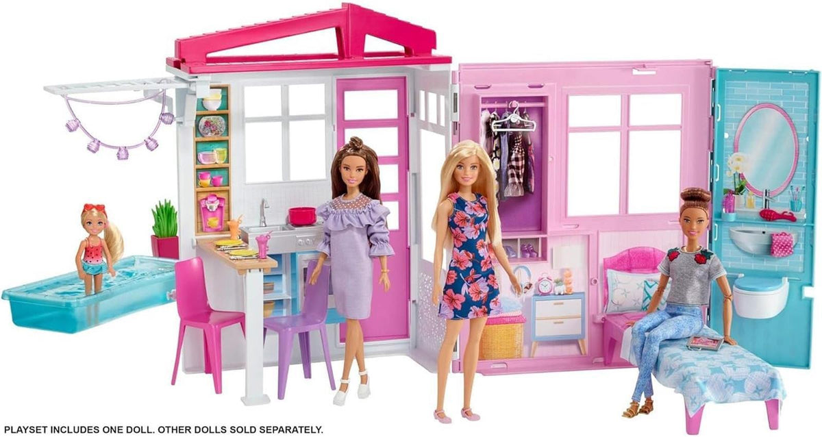 Barbie-Haus mit Küche, Schlafzimmer, Badezimmer, Pool, komplett eingerichtet Möbeln, verschließbar mit Aufbewahrungsgriff, Puppen, Geschenke für Kinder ab 3 Jahren, GWY84