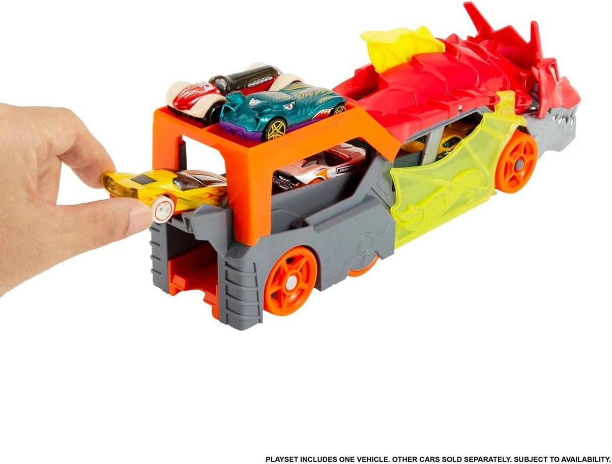 Hot Wheels City Spielzeugauto Track-Set, Drachen-Starter-Transporter und Auto im Maßstab 1:64, schießt Fahrzeuge aus Maul des Biests, zur Aufbewahrung von bis zu 5 Fahrzeugen