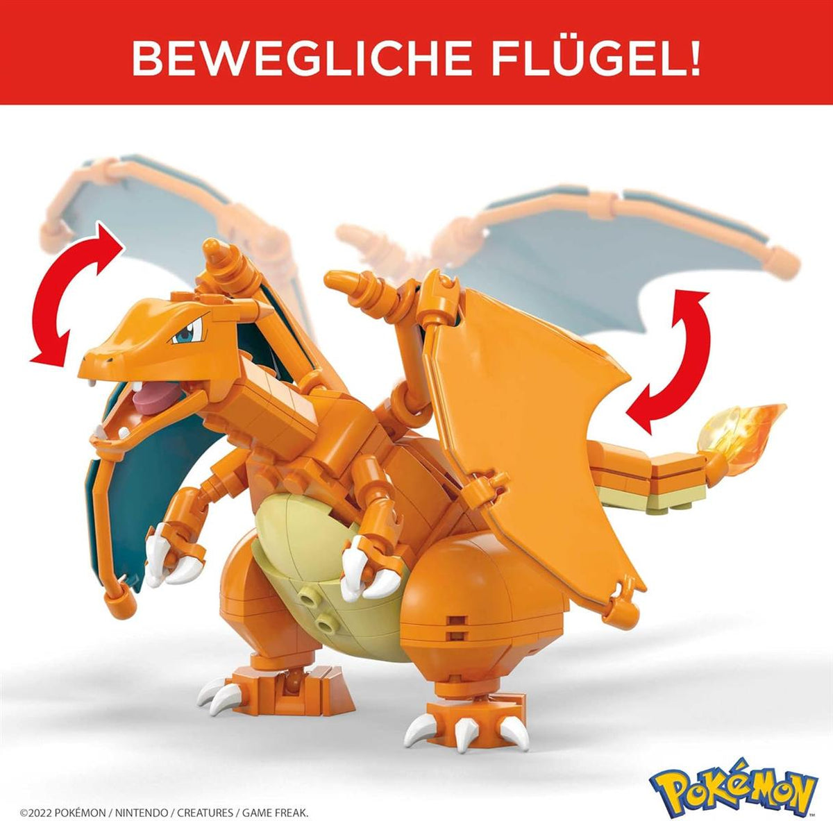 Mega Pokémon Glurak, Figur zum Zusammenbauen, 223 Bausteinen, mit beweglichen Flügeln und Pokéball-Stift, Pokémon Spielzeug, ab 6 Jahre, GWY77