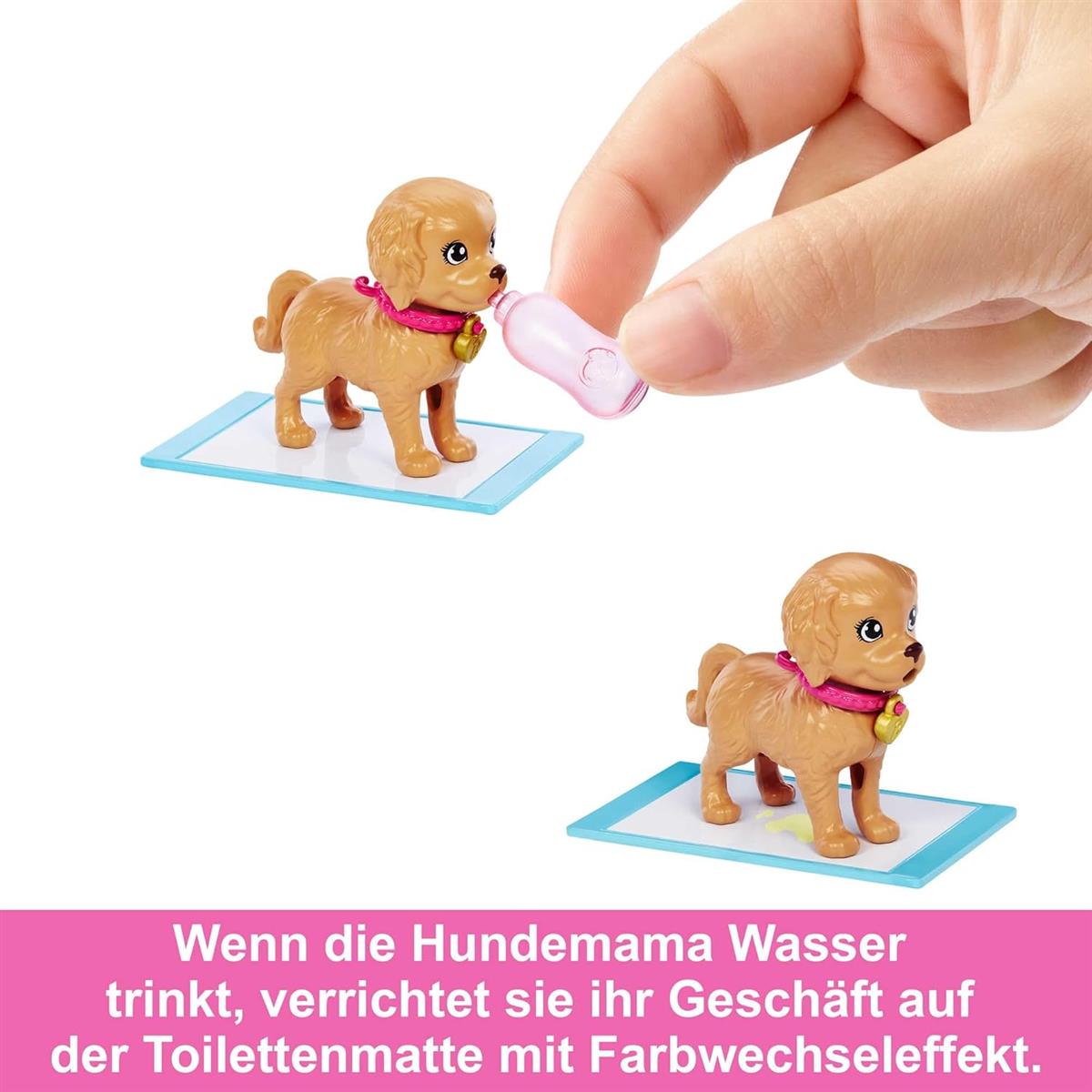 Barbie Welpenadoption Puppe und 2 Welpen mit Adoptionszertifikate Farbwechseleffekt Transportbox + Zubehör für Kinder ab 3 Jahren, HKD86
