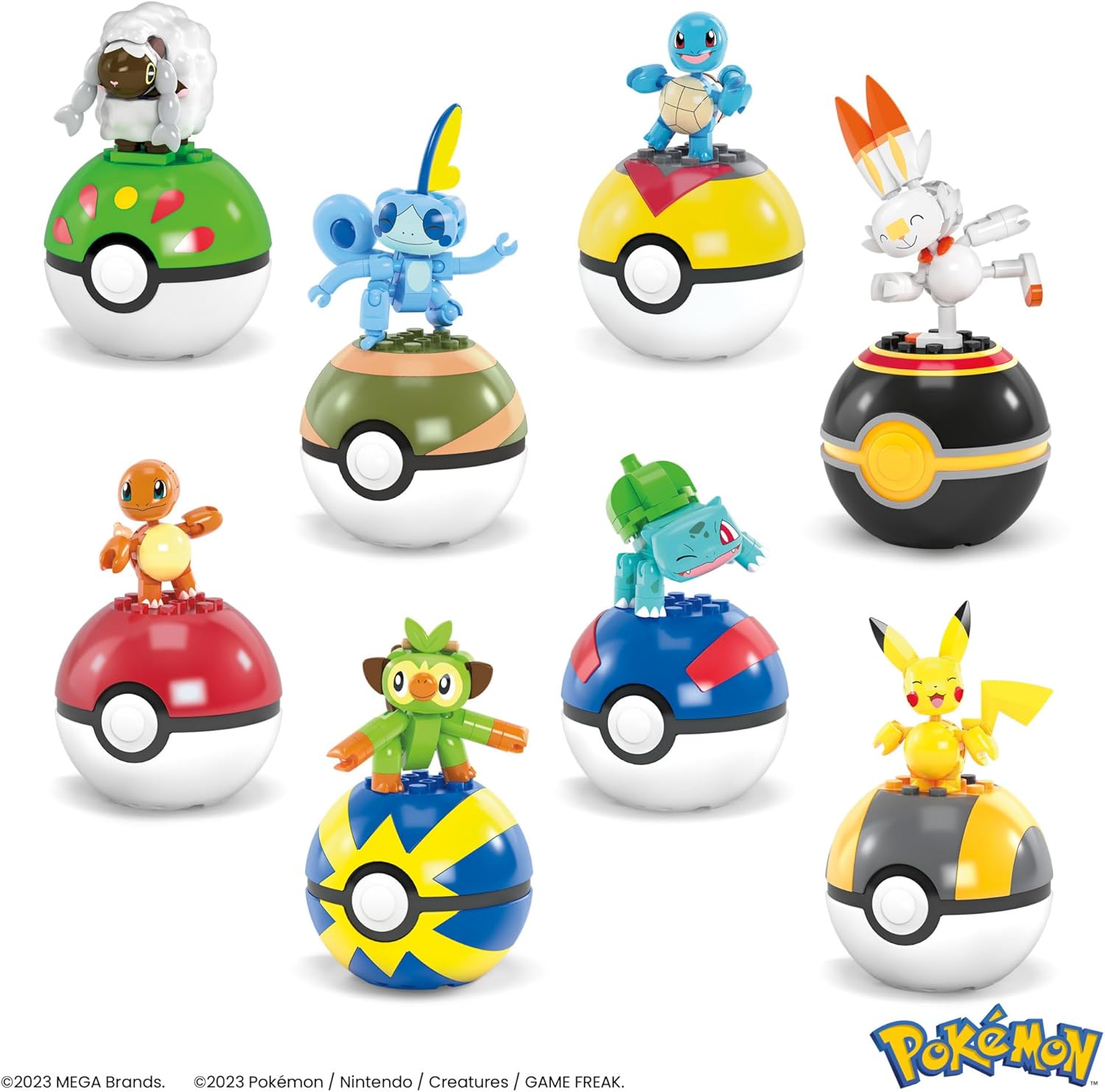 MEGA Pokémon Trainerteam - Pikachu, Bisasam, Glumanda, Schiggy, Hopplo, Chimpep, Memmeon und Wolly und 8 Pokébällen zum Ausstellen, für Kinder ab 6 Jahren, HTJ75