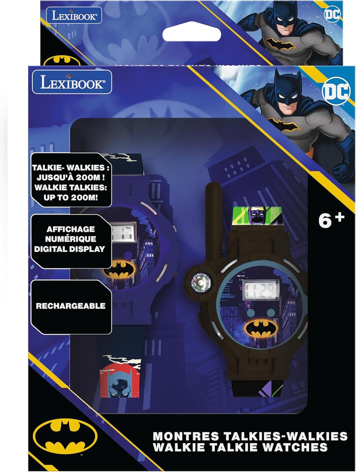 Lexibook, Batman, Walkie-Talkie-Uhren, 2 Stück, Reichweite bis zu 200m, Taschenlampe, Kompass, Wiederaufladbar, Schwarz/Grün und Blau/Rot, DMWTW1BAT