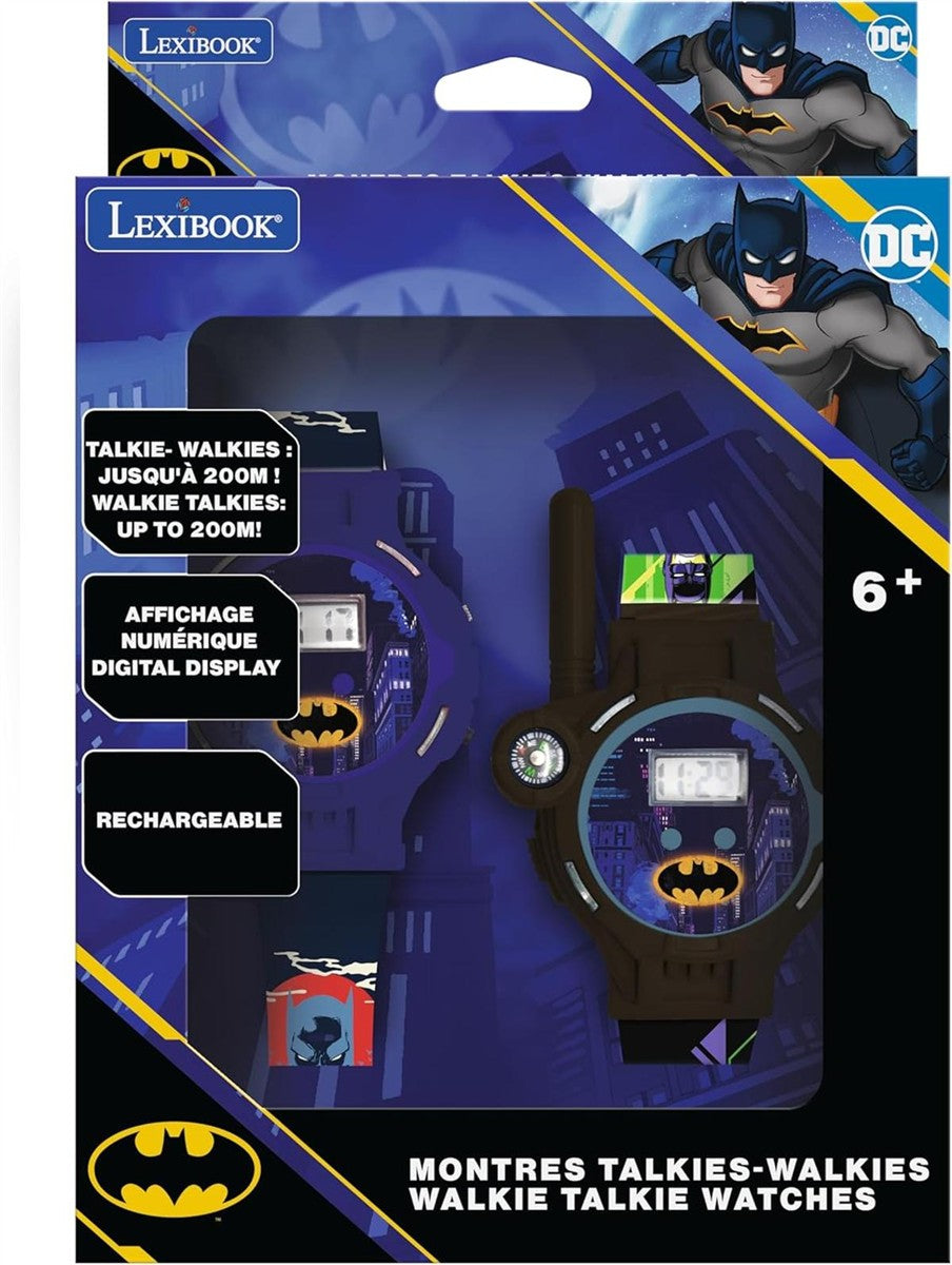 Lexibook, Batman, Walkie-Talkie-Uhren, 2 Stück, Reichweite bis zu 200m, Taschenlampe, Kompass, Wiederaufladbar, Schwarz/Grün und Blau/Rot, DMWTW1BAT