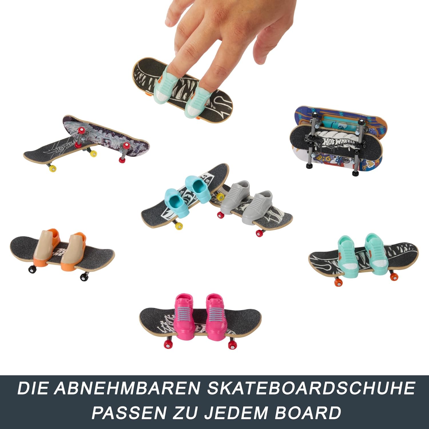 Hot Wheels Skate-Fingerboards 10er-Pack, Set aus 10 Finger-Skateboards mit 5 Paar abnehmbaren Skateboard-Schuhen im Hot Wheels Design, HTP59