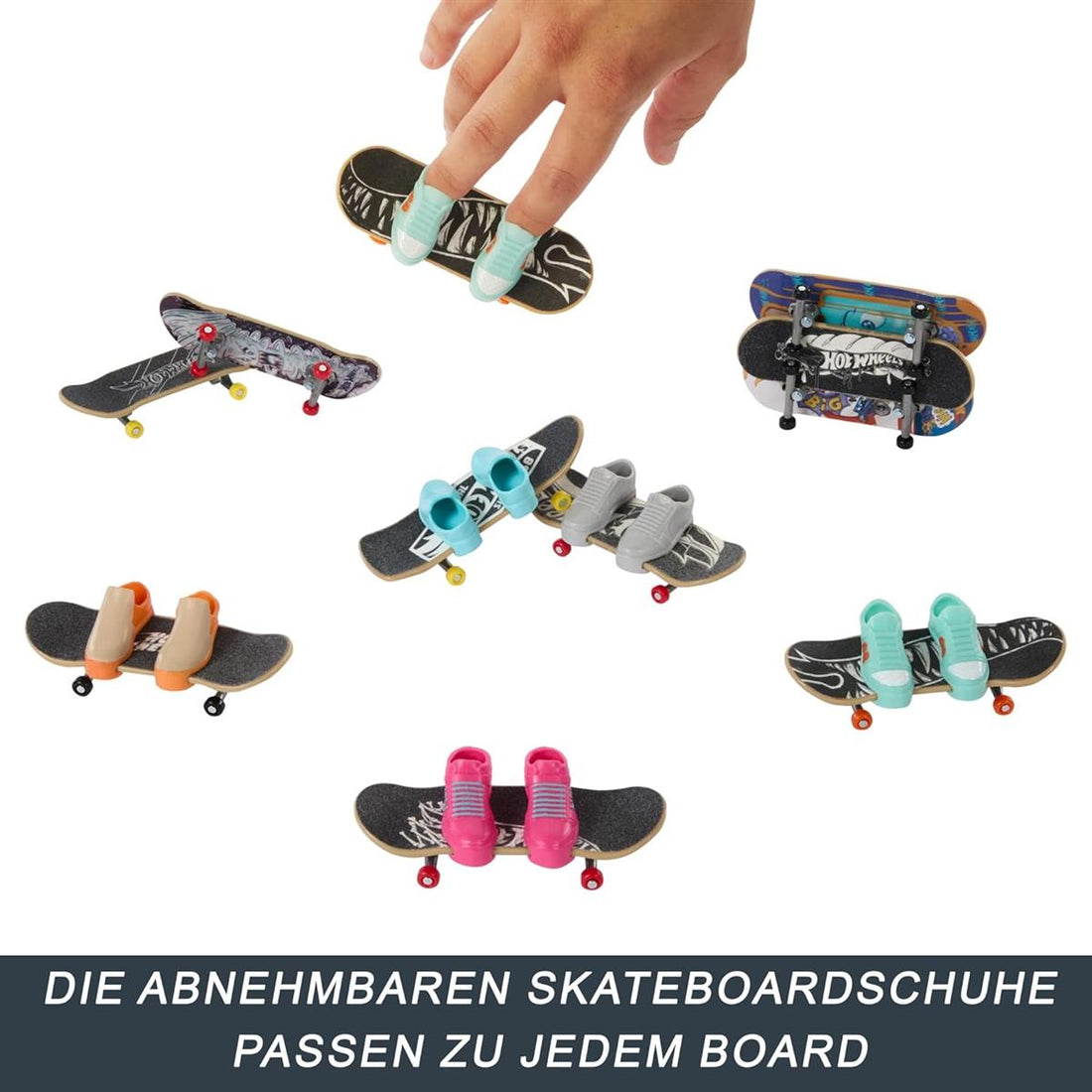 Hot Wheels Skate-Fingerboards 10er-Pack, Set aus 10 Finger-Skateboards mit 5 Paar abnehmbaren Skateboard-Schuhen im Hot Wheels Design, HTP59