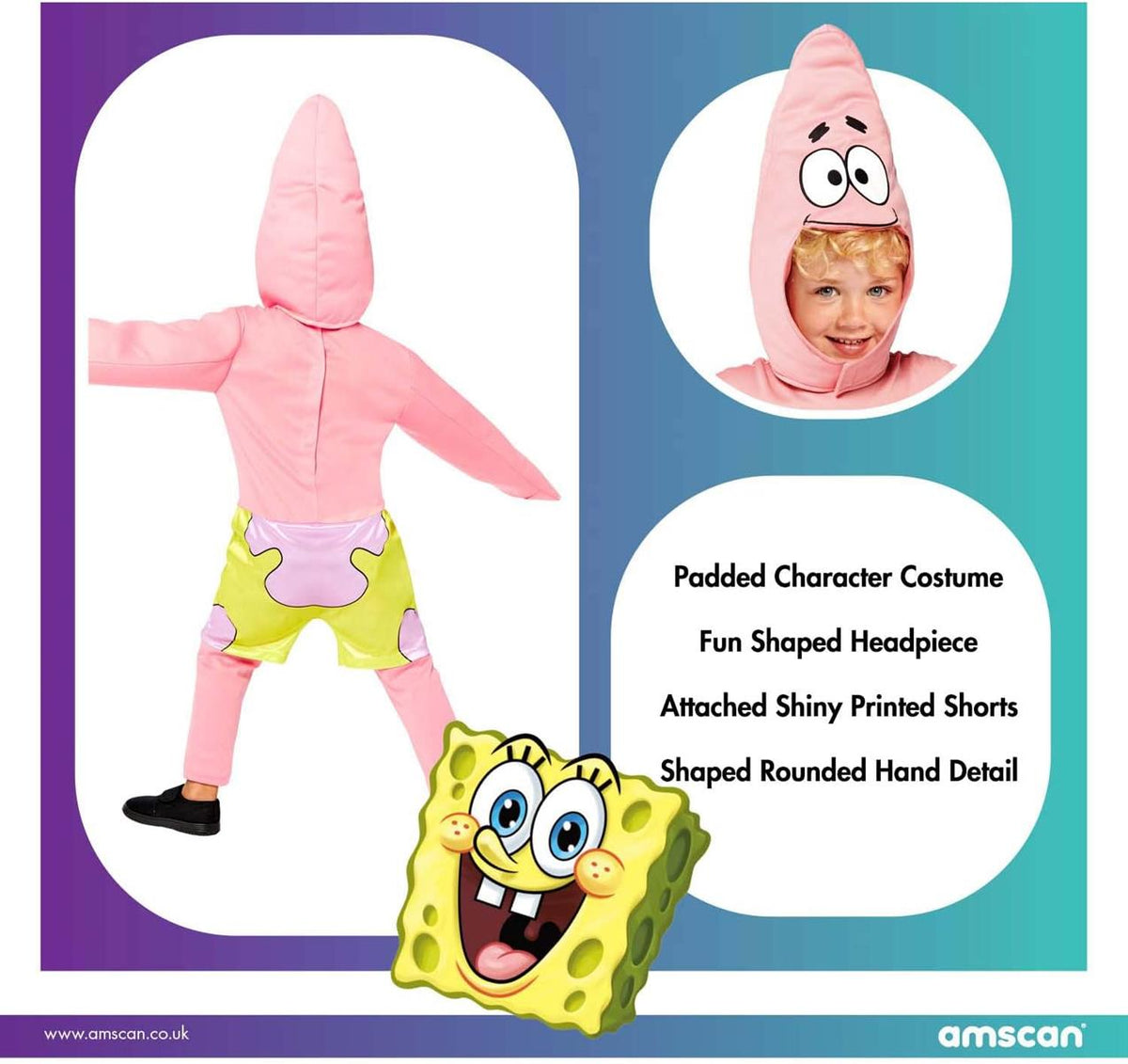 Amscan - Kinderkostüm Patrick, Overall mit bedruckten Shorts, Mütze, Spongebob, Seestern, Karneval, Motto-Party Größe 104