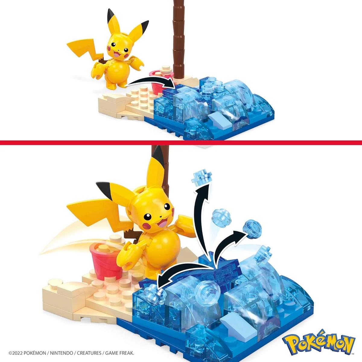 MEGA HDL76 - Pokémon Pikachus Strandtag Bauset mit 79 kompatiblen Bausteinen und Teilen zum Verbinden mit anderen Welten, Konstruktionsspielzeug, Spielzeug-Geschenkset für Kinder ab 7 Jahren