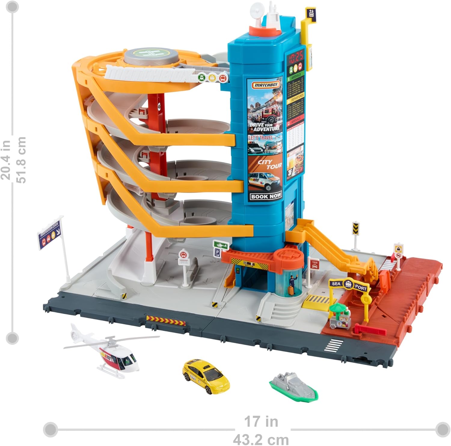 Matchbox Spielzeugautos und Spielset, Transport-Center mit 5 Etagen, von Kindern und Autos aktivierbare Funktionen, enthält Taxi, Boot und Hubschrauber im Maßstab 1:64 sowie Essensverkäufer-Accessoire