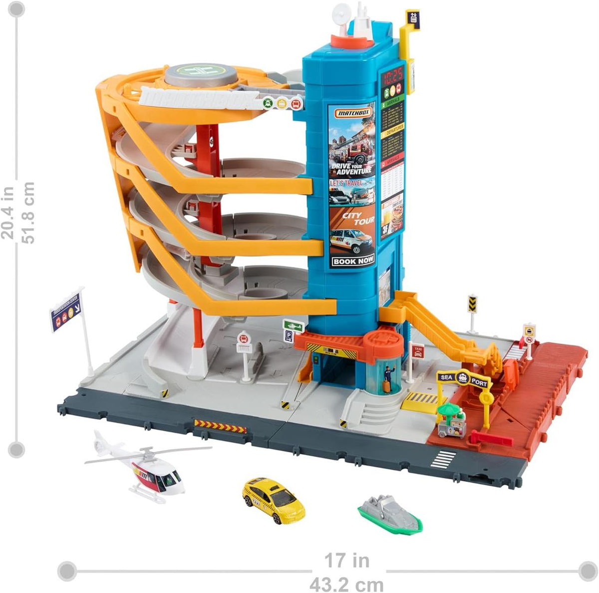 Matchbox Spielzeugautos und Spielset, Transport-Center mit 5 Etagen, von Kindern und Autos aktivierbare Funktionen, enthält Taxi, Boot und Hubschrauber im Maßstab 1:64 sowie Essensverkäufer-Accessoire