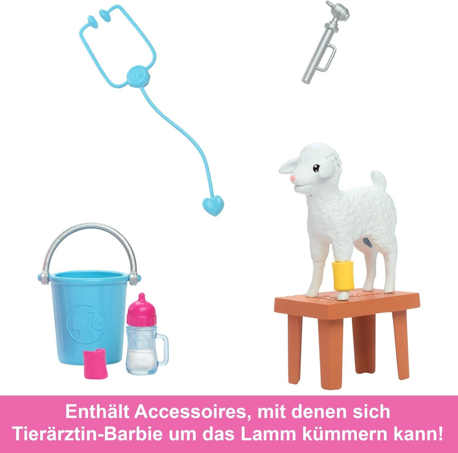 Barbie Puppe zum 65. Jubiläum und 10 Zubehörteile, Hoftierärztin-Set mit Blonder Tierärztin-Puppe, Lamm mit bewegbaren Ohren und mehr, HRG42