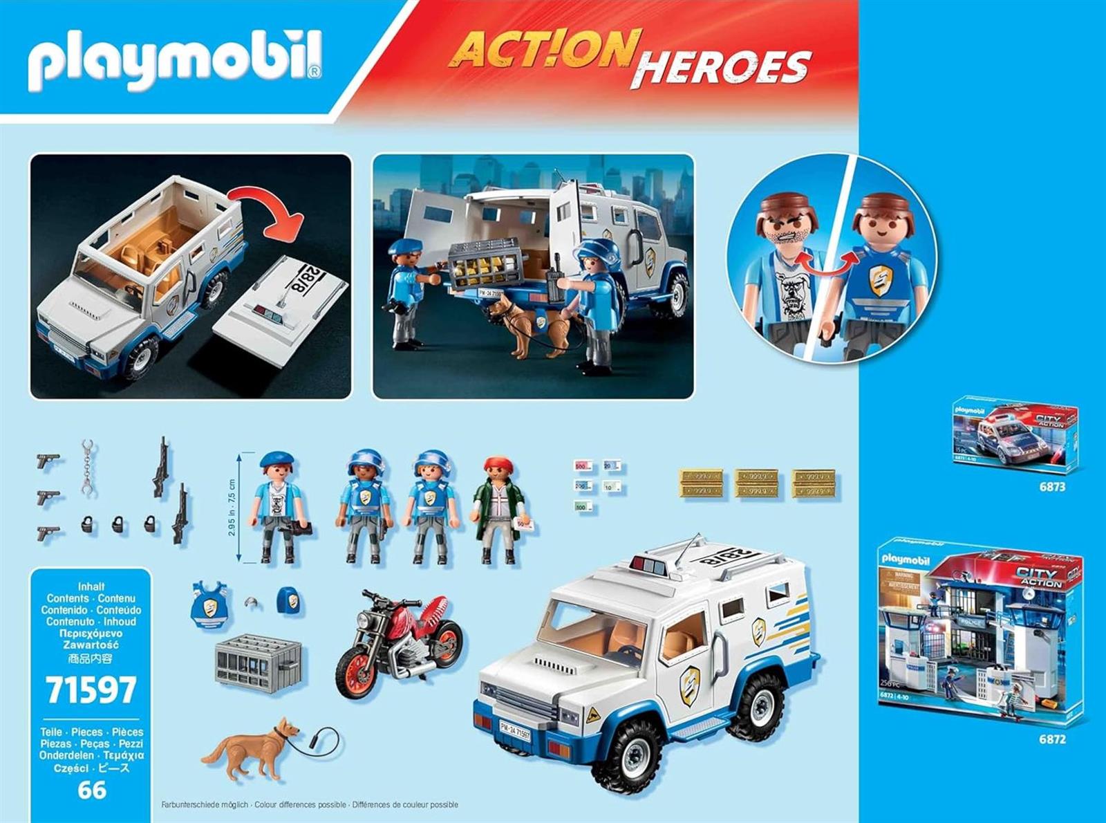 PLAYMOBIL Action Heroes 71597 Geldtransporter, spannende Ganovenjagd, inklusive DREI Polizisten, einem Ganoven auf einem Motorrad und einem Polizeihund, actionreiches Spielzeug für Kinder ab 4 Jahren